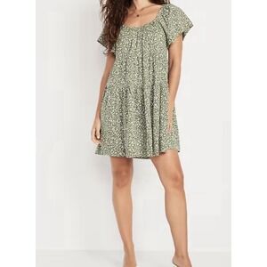 Old Navy‎ Green Floral Tiered Mini Dress Peasant Prairie Babydoll Boho Prairie
